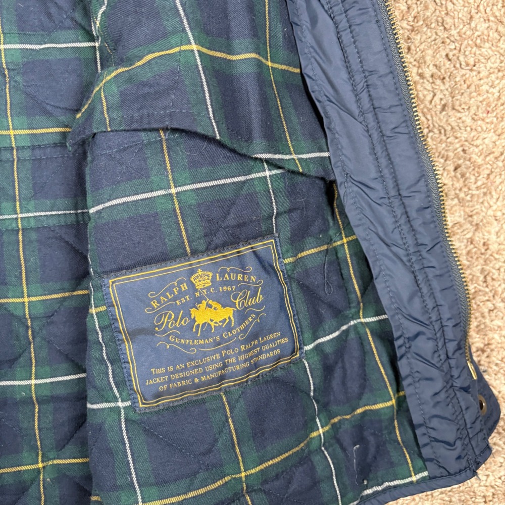Polo Ralph Lauren Mens XL Navy Blue Quilted Field Jacket Plaid Lining - Picture 7 of 10